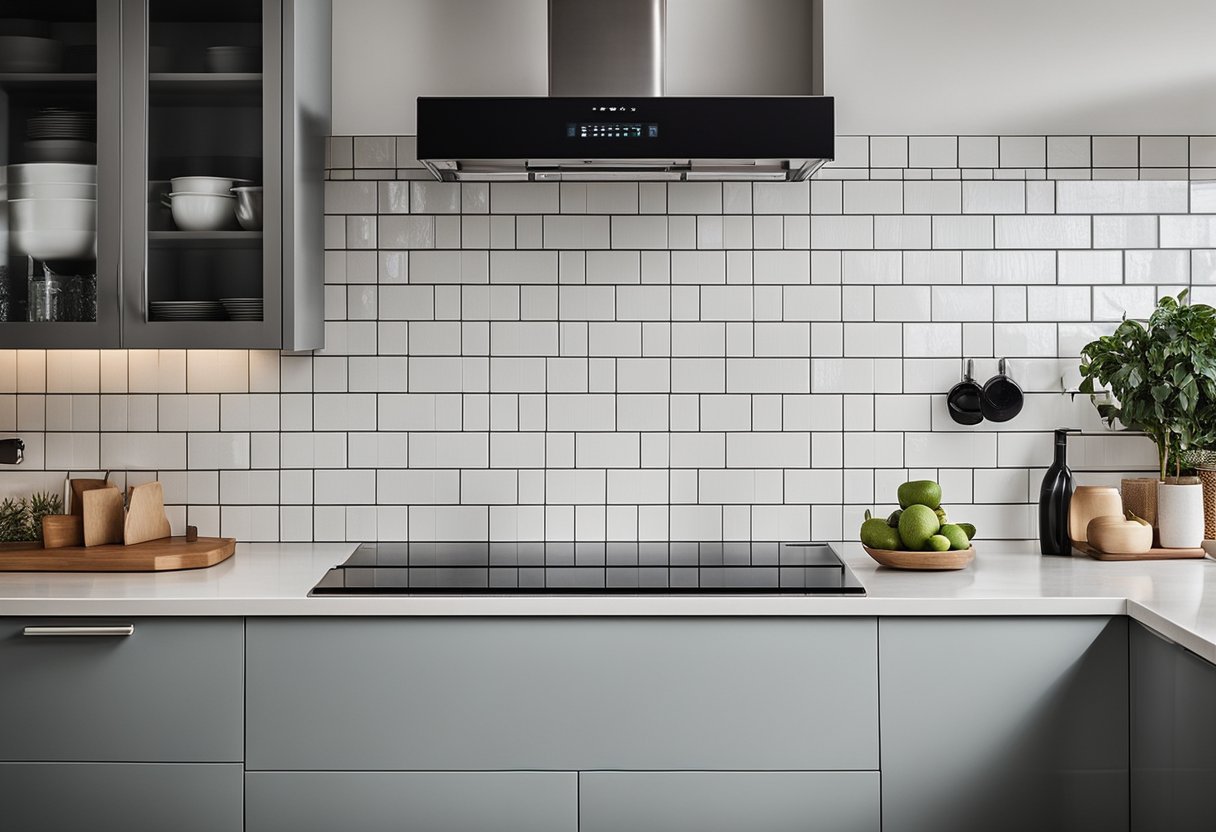 A modern kitchen with sleek, white subway tiles and a bold, geometric patterned backsplash. The tiles are arranged in a herringbone pattern, creating a stylish and contemporary look