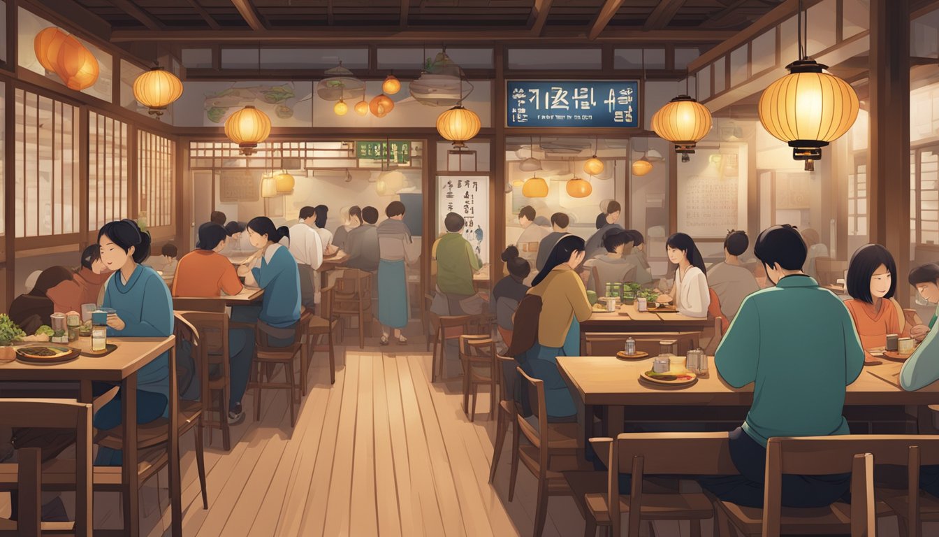 A bustling Korean restaurant with twin lanterns hanging outside, a menu board displaying traditional dishes, and diners enjoying their meals at wooden tables