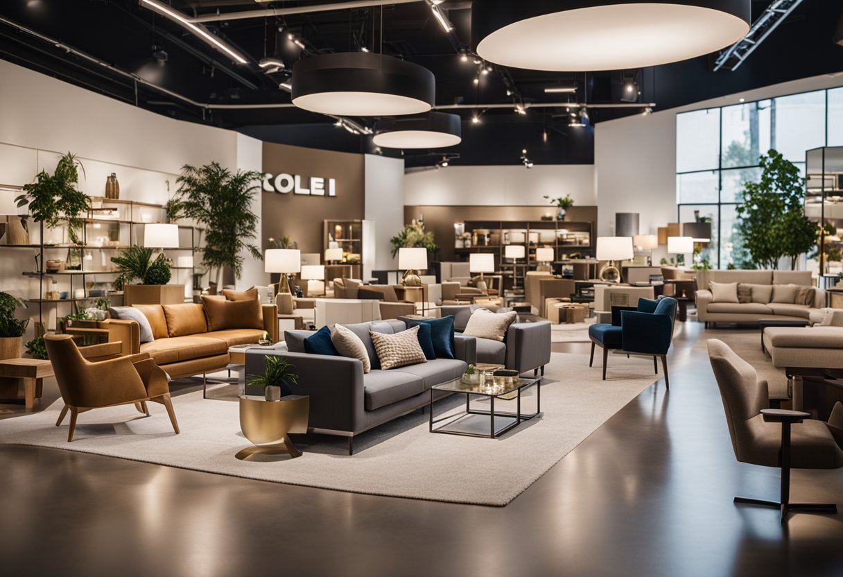 Customers browsing furniture in a spacious showroom, with staff available to answer questions. Bright lighting and neatly arranged displays create a welcoming atmosphere
