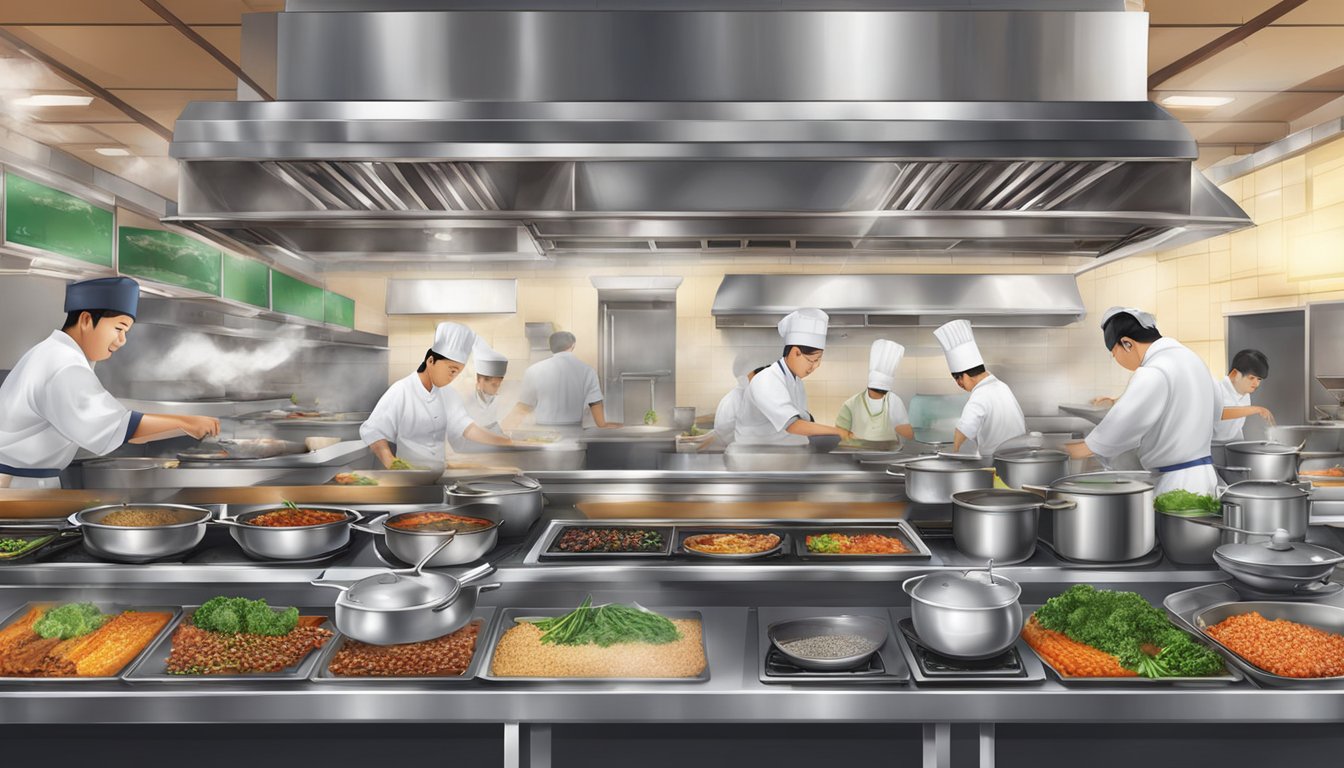 The bustling kitchen at Culinary Delights twins korean restaurant, with sizzling pans and aromatic spices filling the air
