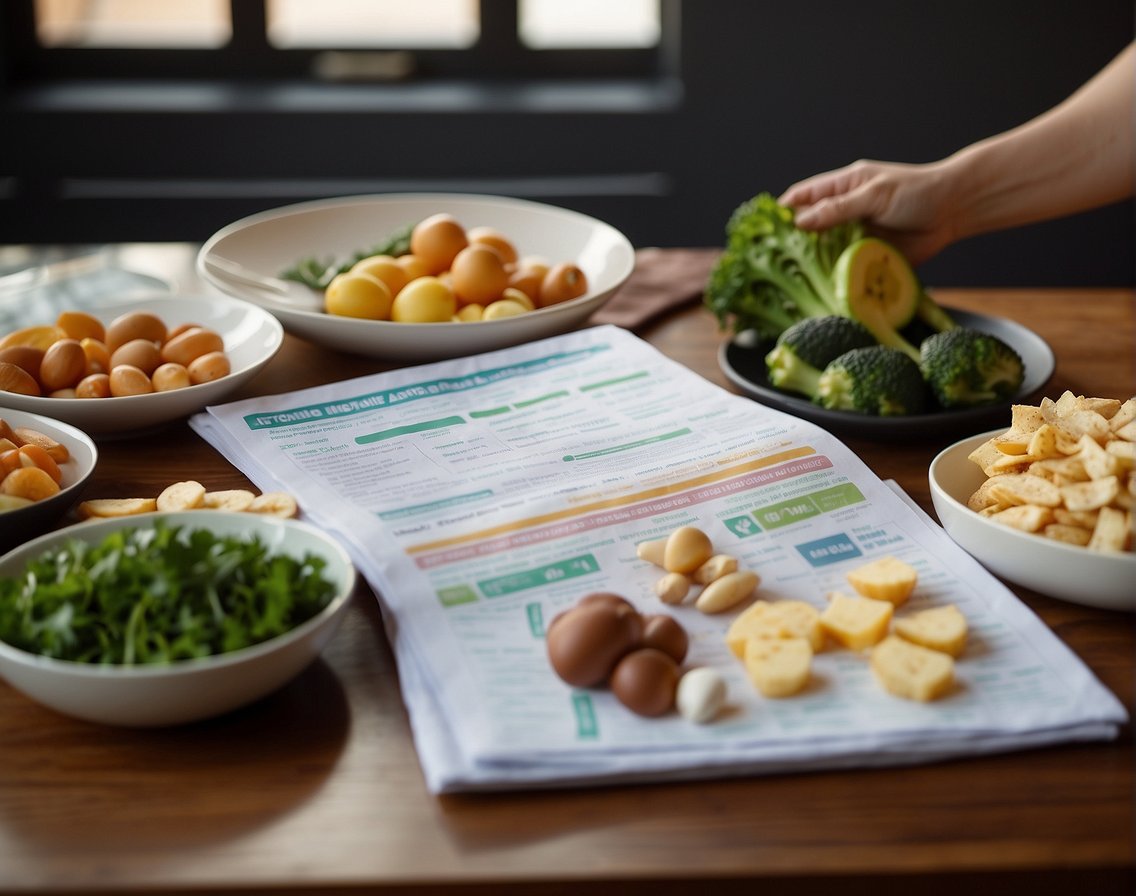 A pregnant woman researching ketogenic diet with food and nutritional charts spread out on a table