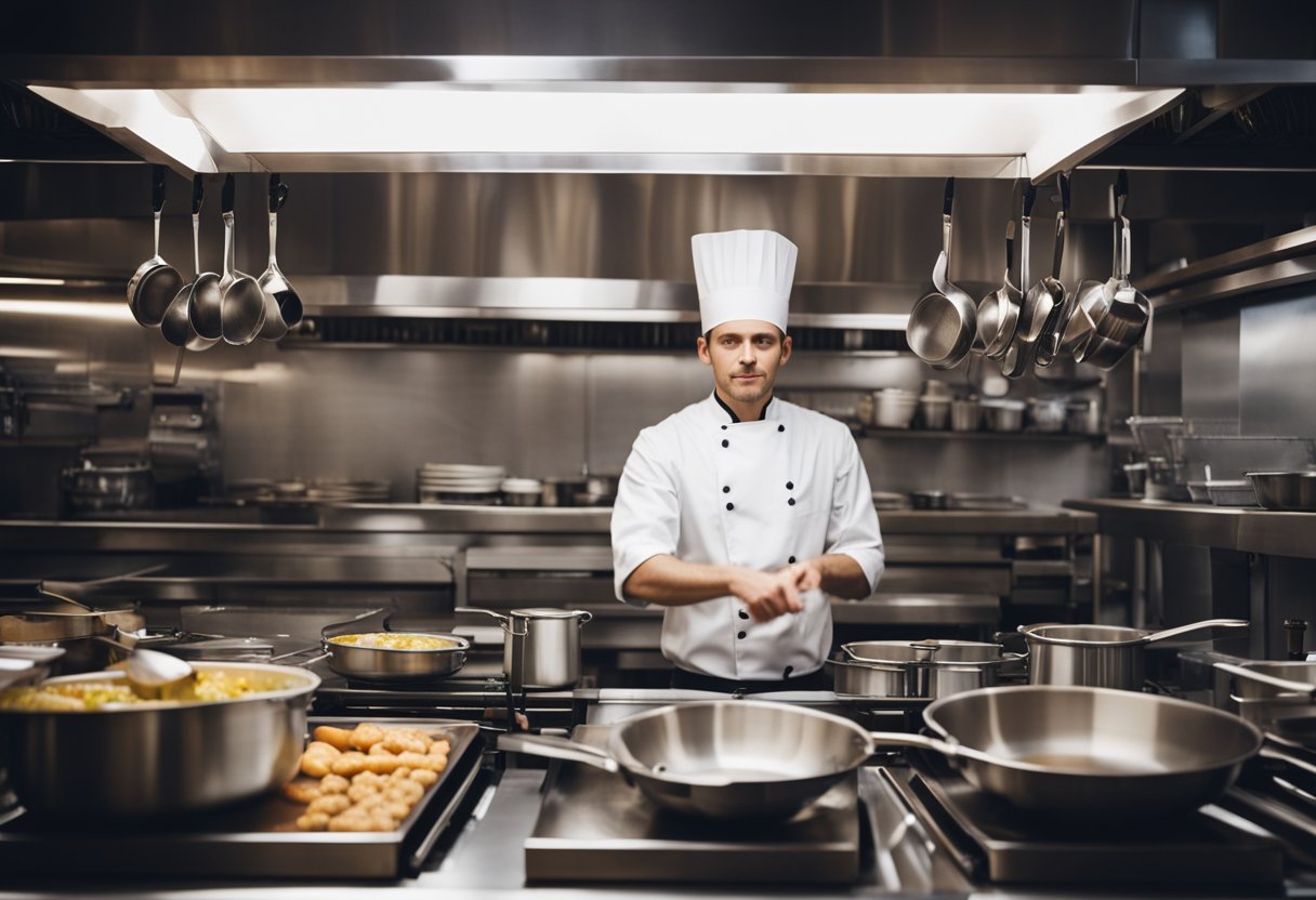 A compact restaurant kitchen with stainless steel appliances, hanging pots and pans, and a bustling chef station