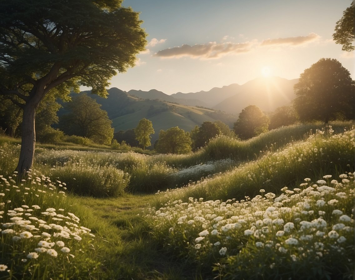 A serene, fertile landscape with lush greenery and blooming flowers, symbolizing the positive effects of a ketogenic diet on fertility and pregnancy