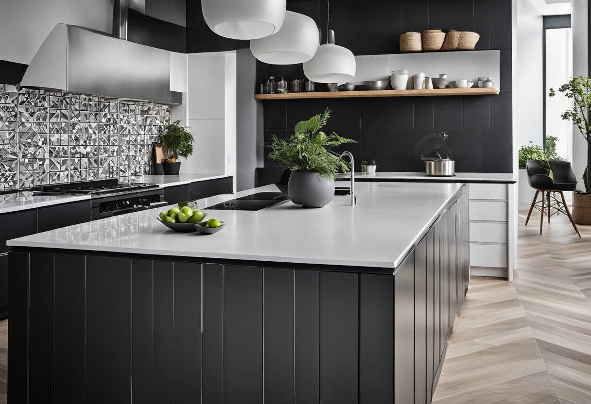 A modern kitchen with geometric patterned tiles in black, white, and grey. Clean lines and a sleek, contemporary feel