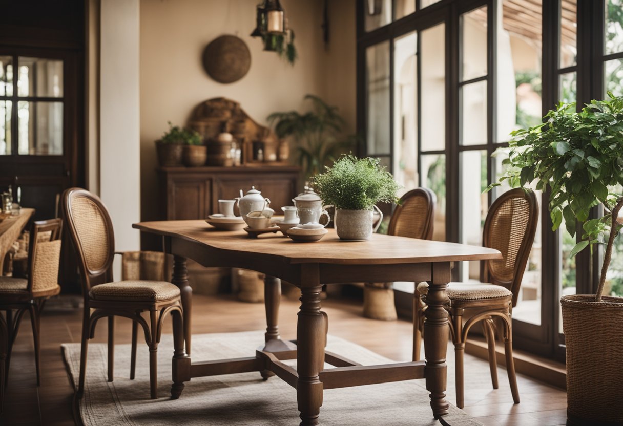 A cozy French country furniture set in a Singaporean home, with rustic wooden tables, chairs, and a warm color palette