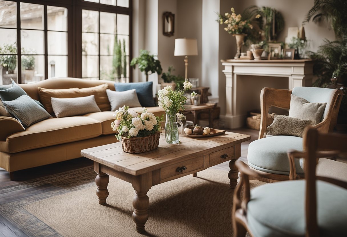 A cozy living room with rustic French country furniture, including a wooden dining table, vintage chairs, and a floral-patterned sofa