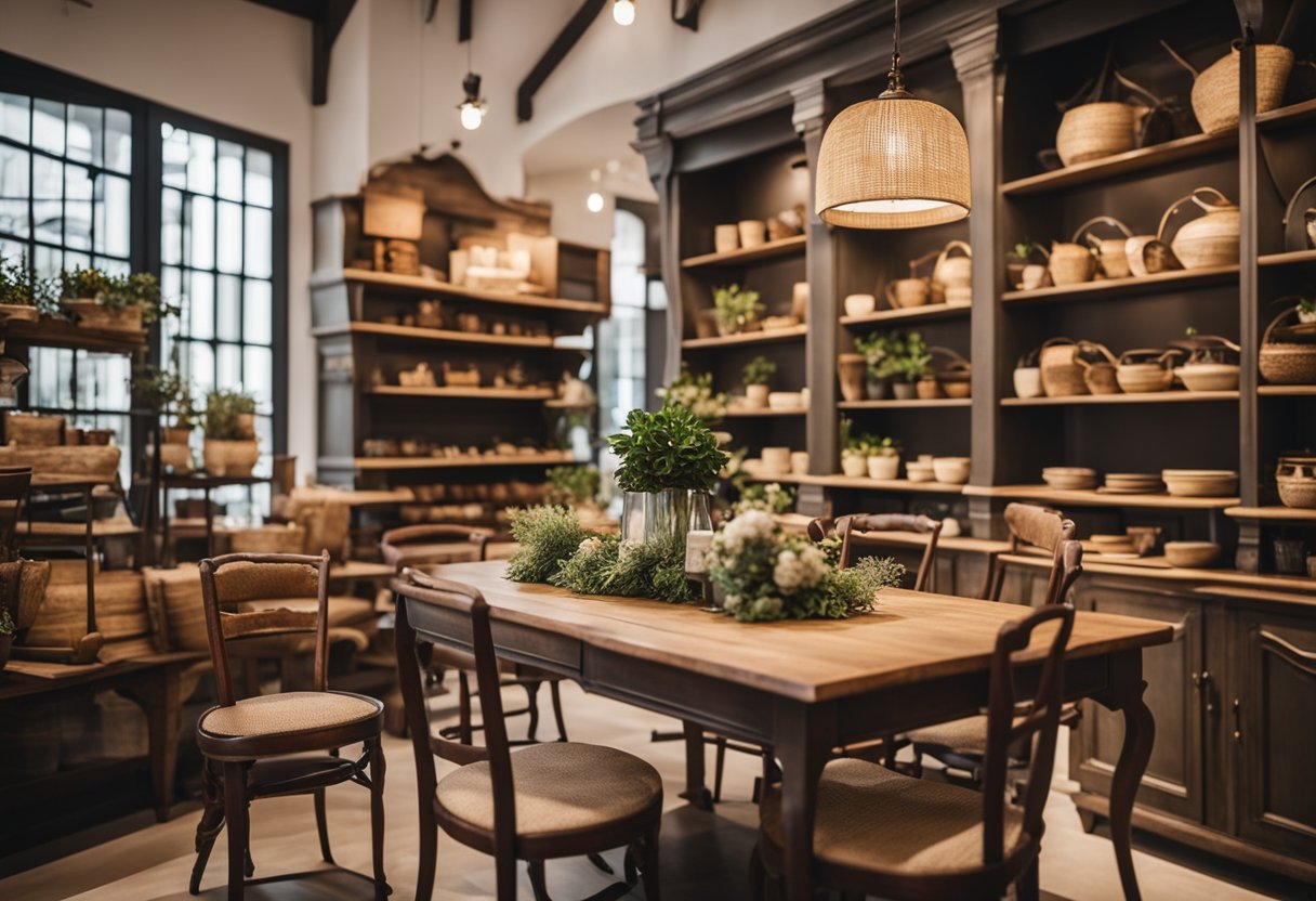 A cozy French country furniture store in Singapore with shelves of rustic wooden chairs, elegant tables, and charming decor