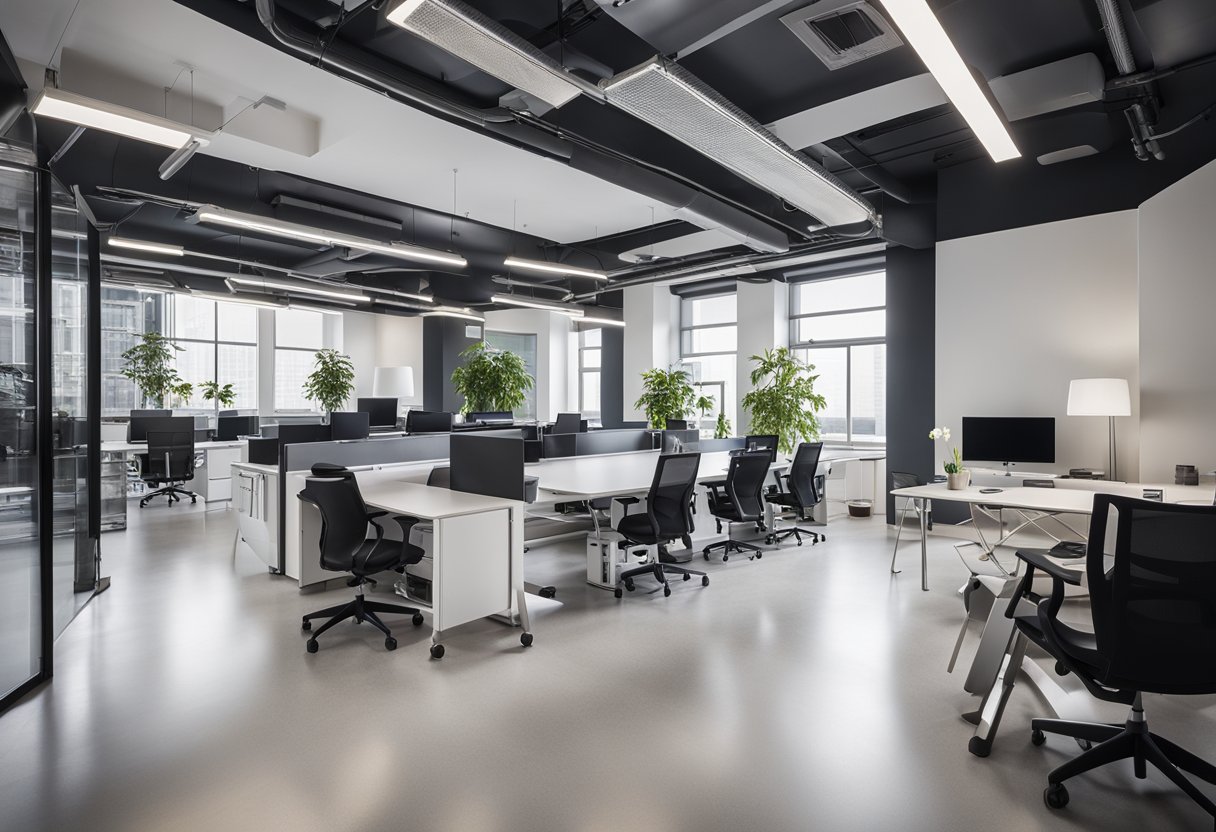 A bright, modern office space with sleek, ergonomic chairs and spacious desks. The furniture is stylish and functional, creating a comfortable and productive work environment