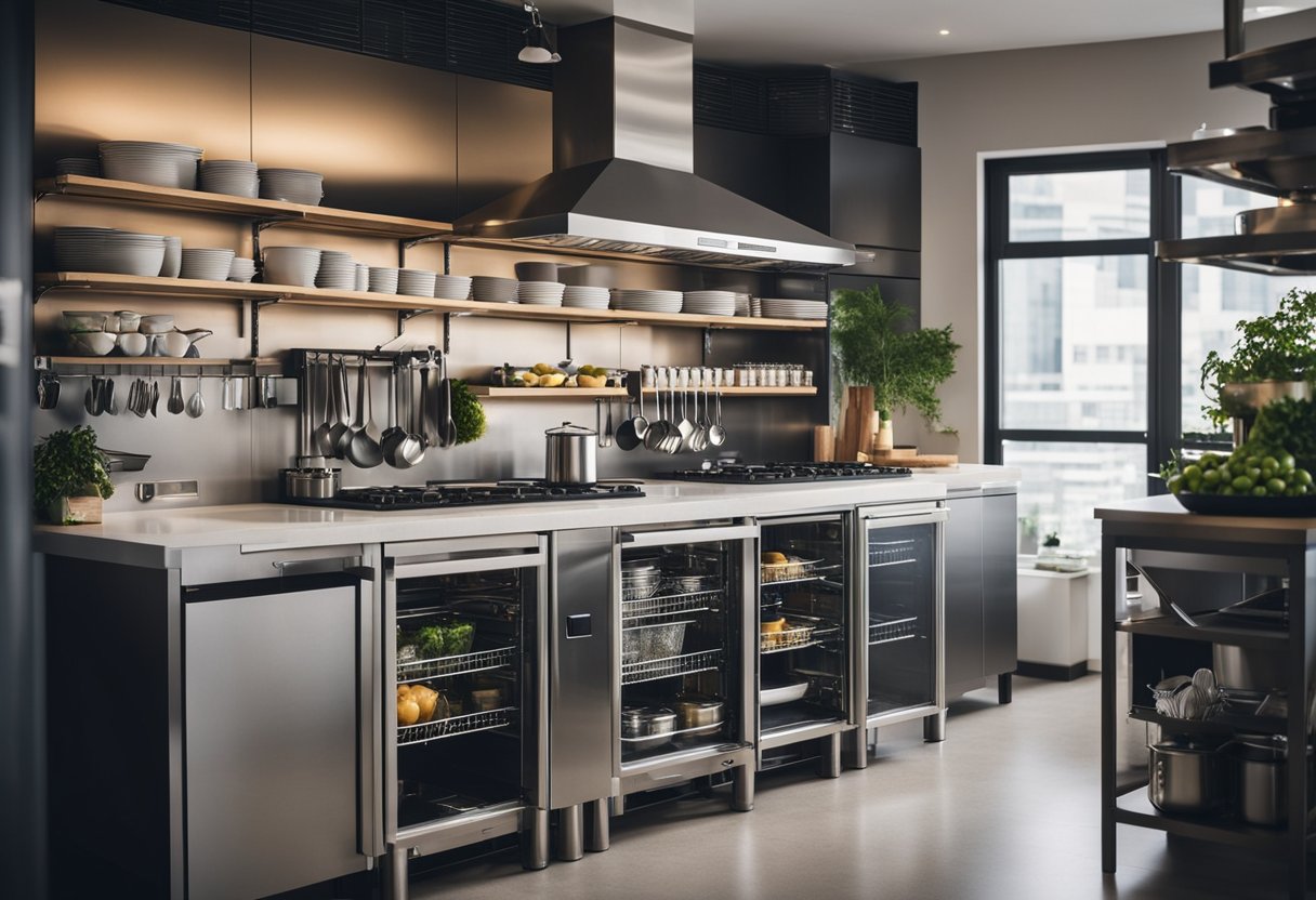 A compact kitchen with efficient layout, storage solutions, and designated areas for food prep, cooking, and dishwashing. Well-organized with clear signage and easy access to essential tools and ingredients