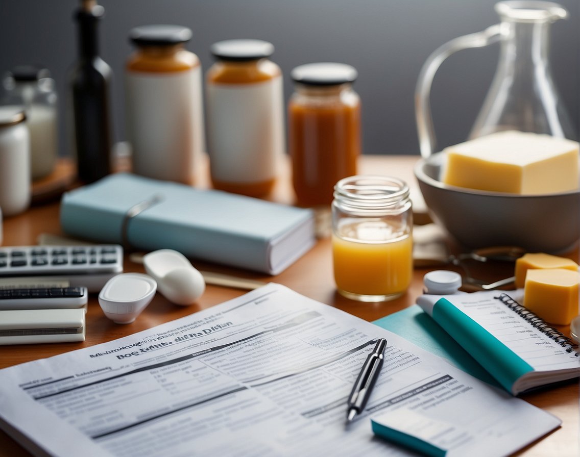 A table with various medications and a ketogenic diet plan, surrounded by scientific papers and research articles