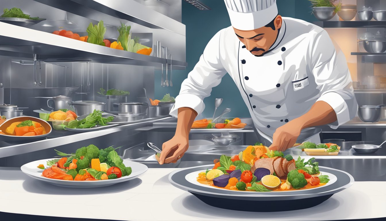 The chef prepares a colorful dish at Vue Vue restaurant, surrounded by vibrant ingredients and elegant plating