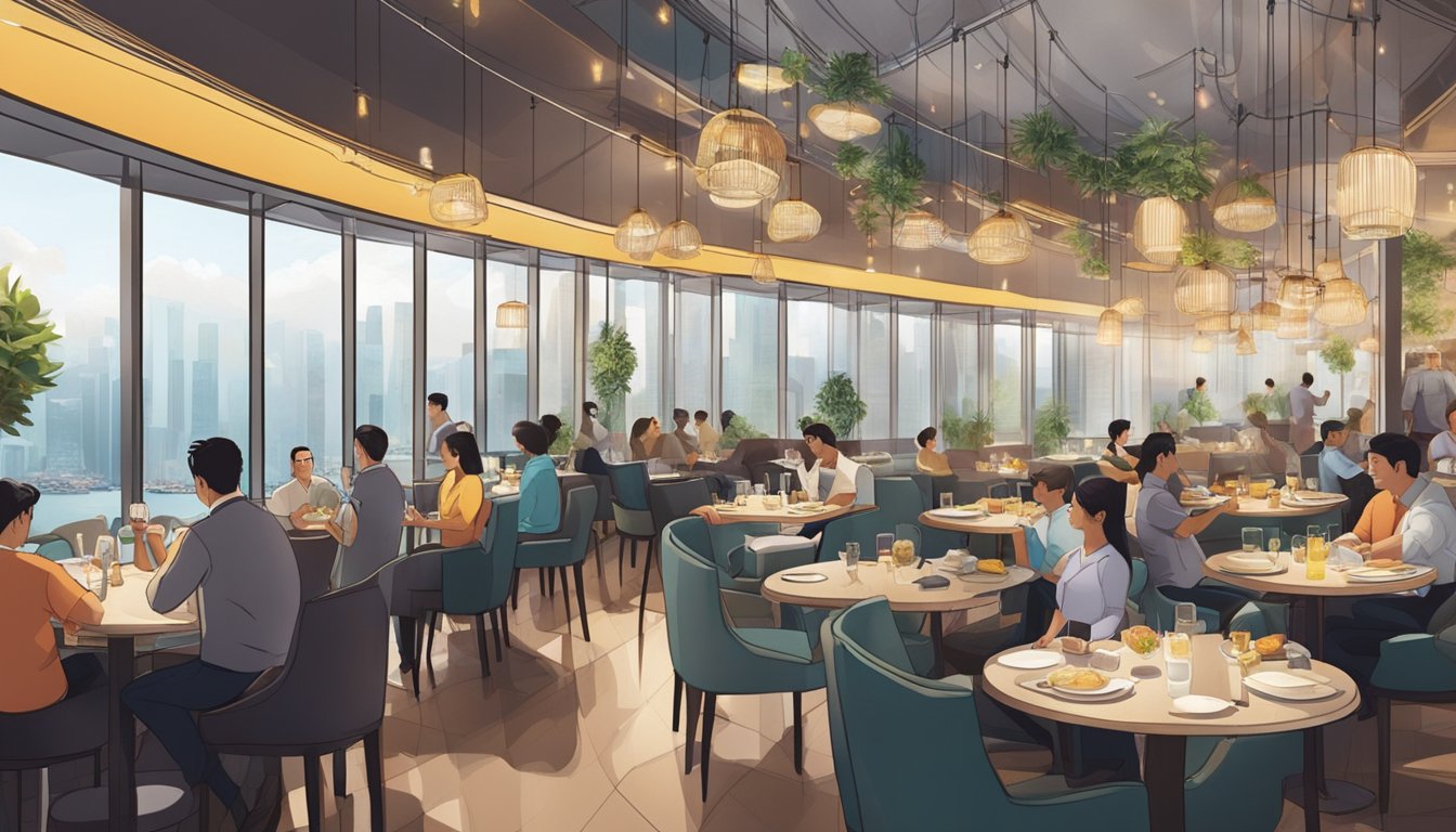 A bustling restaurant with modern decor, filled with diners enjoying panoramic views of Singapore. The staff are attentive, and the atmosphere is lively