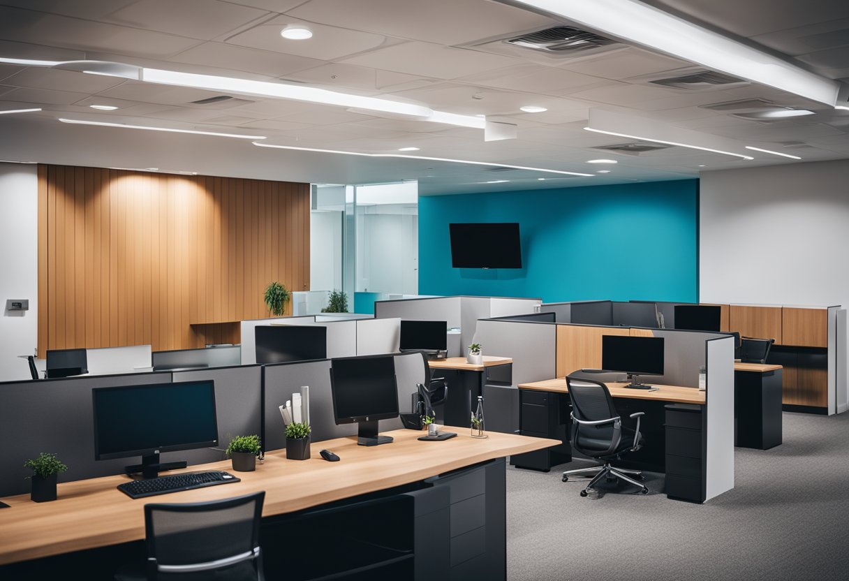 A modern office with ergonomic chairs, sleek desks, and vibrant decor. A reception area with comfortable seating and a display of stylish furniture options