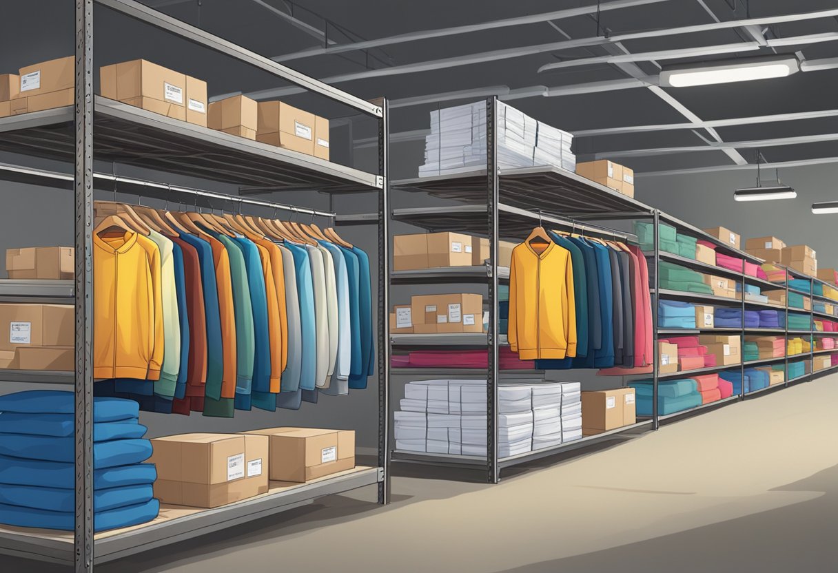 Racks of clothing displayed in a warehouse, with tags indicating wholesale prices. Boxes of inventory stacked neatly in the background