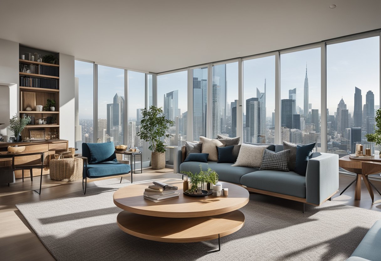 A living room with a sofa, coffee table, and bookshelf. A dining area with a table and chairs. Bright, modern decor with a view of the city skyline