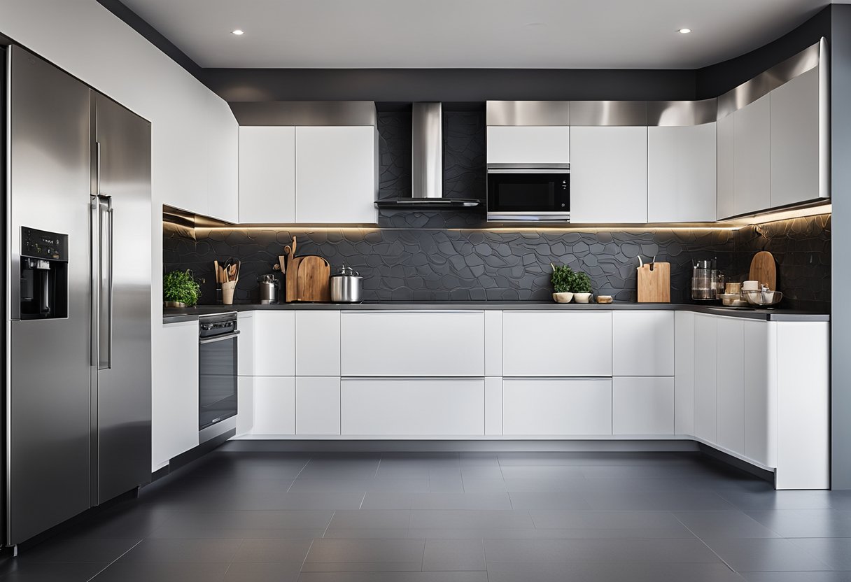 A modern kitchen with sleek white cabinets, stainless steel appliances, and a minimalist design