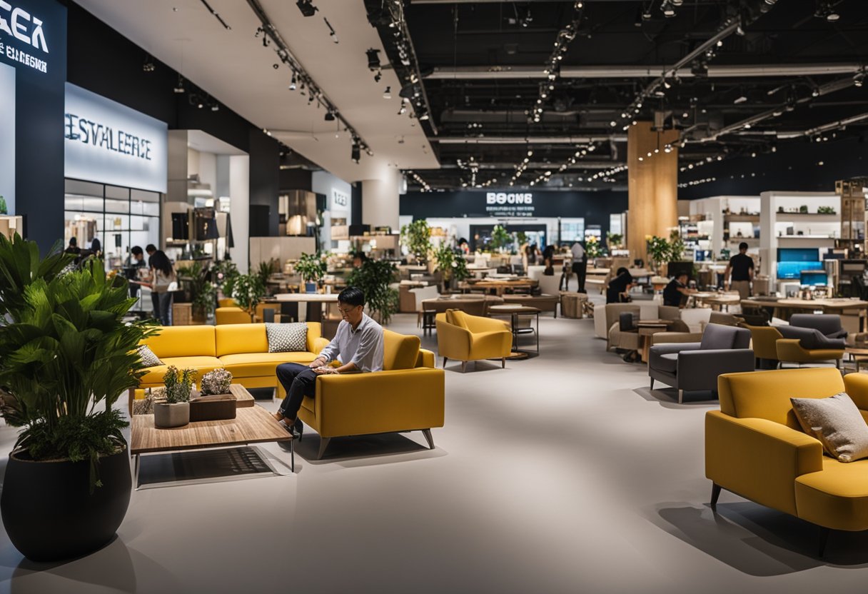 Customers browse modern furniture at Singapore's bustling Furniture Exchange, surrounded by stylish displays and vibrant decor