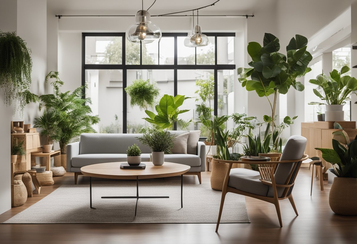 A modern living room with eco-friendly furniture and stylish decor. Plants, natural materials, and sleek design create a sustainable and chic ambiance