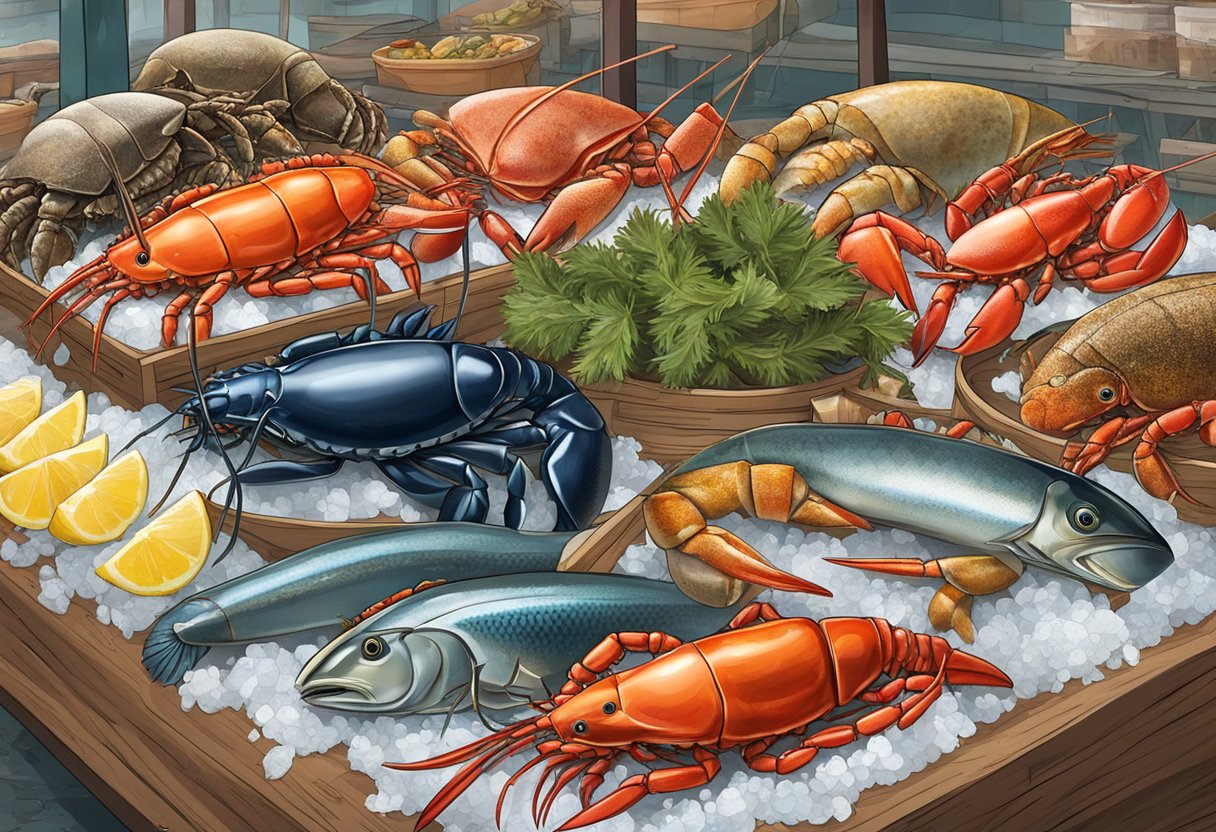 A variety of live seafood, including lobsters, crabs, and fish, are displayed on ice in a market stall