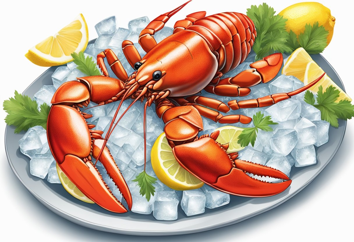 A platter of fresh lobster, crab, and shrimp on a bed of ice with lemon wedges and garnishes