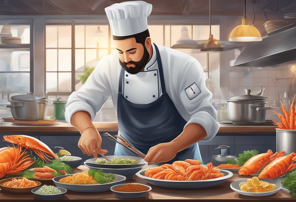 A chef expertly prepares a premium seafood dish, carefully selecting and seasoning the freshest ingredients. The kitchen is filled with the aroma of sizzling seafood and savory spices