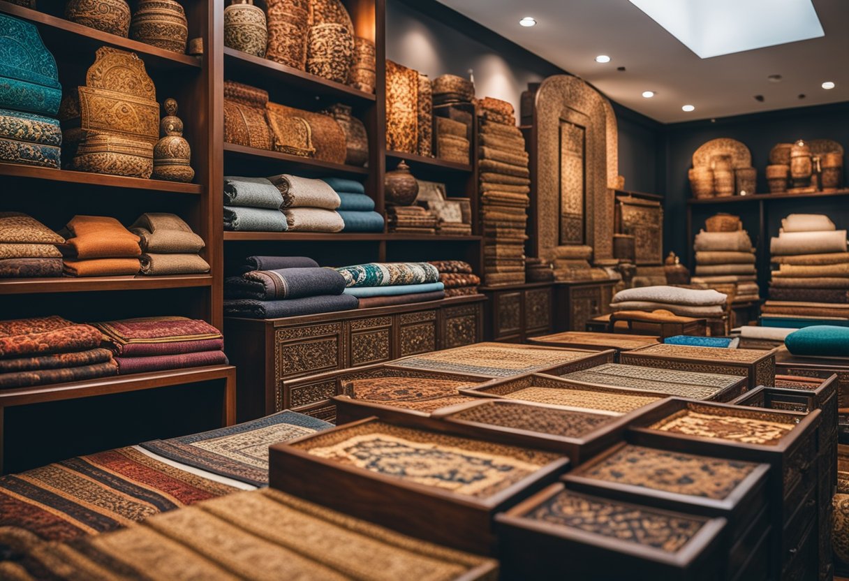 A cluttered showroom displays cheap oriental furniture in Singapore. Brightly colored rugs and intricate wood carvings fill the space