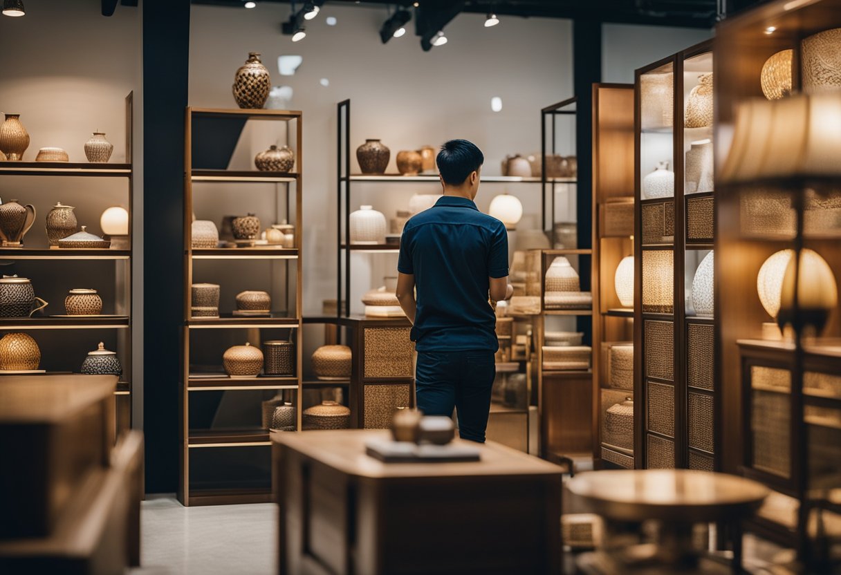 A person browsing through a variety of affordable oriental furniture in a showroom in Singapore