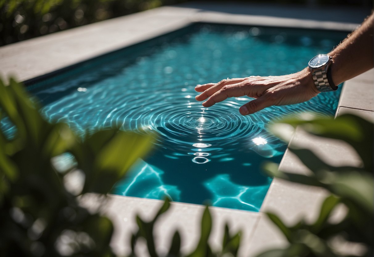 A hand reaches for a sleek, modern automatic pool cover, surrounded by a sparkling, crystal-clear pool and lush greenery