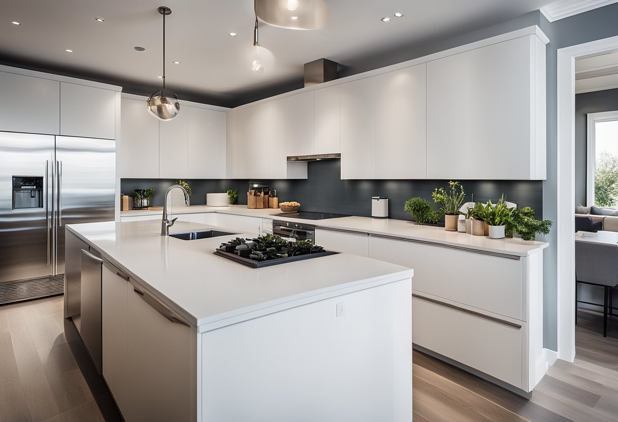 A modern, minimalist kitchen with white cabinets, sleek countertops, and stainless steel appliances. Clean lines and ample storage create a functional and stylish space