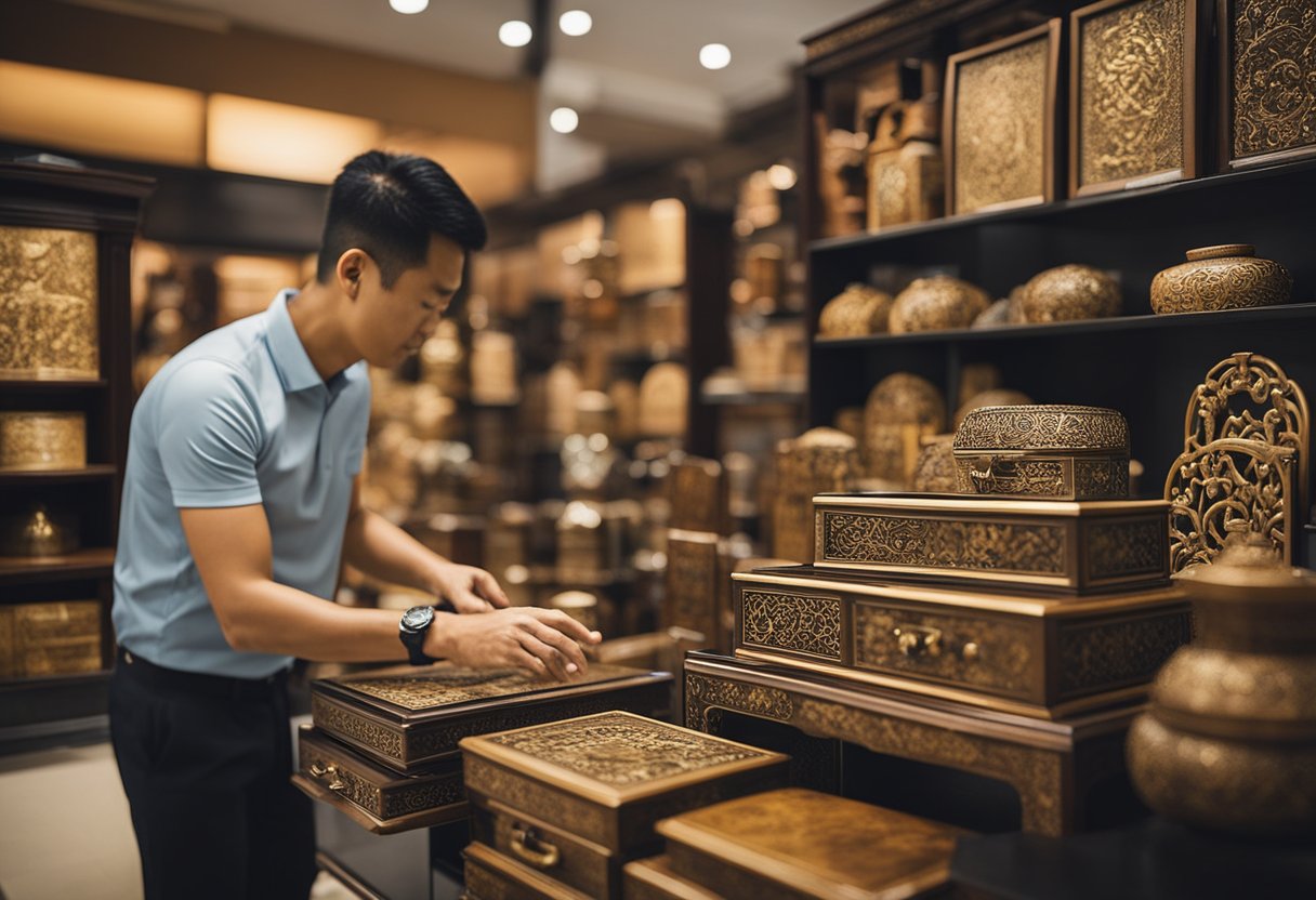 A customer browsing through a variety of affordable oriental furniture in a Singapore store, with a sign reading "Frequently Asked Questions" above the display