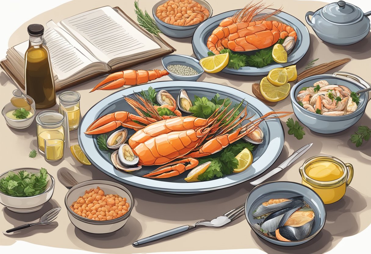 A table set with fresh seafood ingredients, surrounded by cookbooks and a pen. A platter of cooked seafood dishes sits nearby