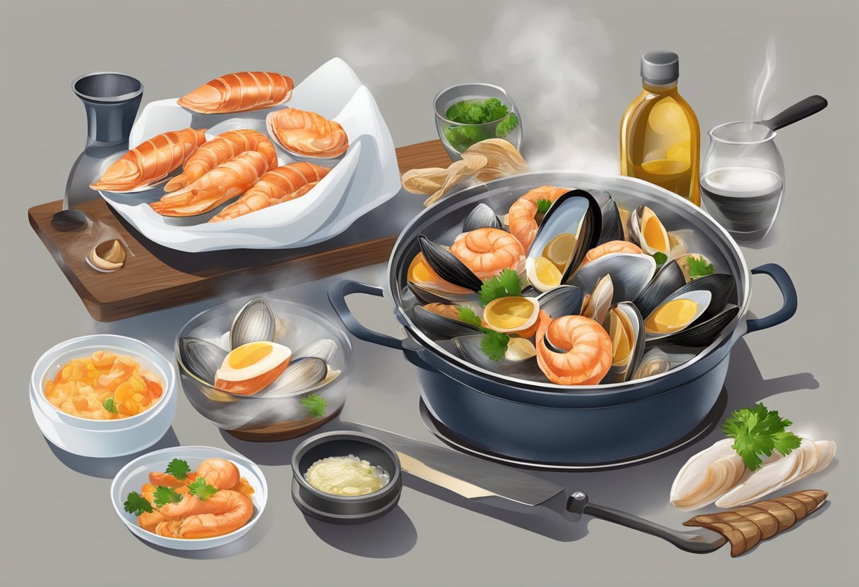 Seafood sizzling in a hot pan, steam rising. Ingredients laid out, chef's knife slicing through fresh fish. A pot of boiling water and a bowl of live clams