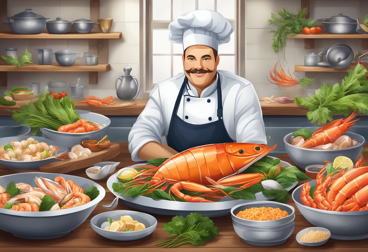 A chef's table filled with fresh seafood, surrounded by vibrant ingredients and cooking utensils, ready to be transformed into a premium seafood recipe