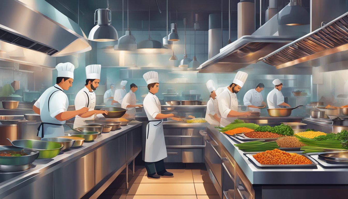 A bustling restaurant kitchen with chefs preparing colorful and aromatic dishes. The air is filled with the sound of sizzling pans and the tantalizing aroma of spices and herbs