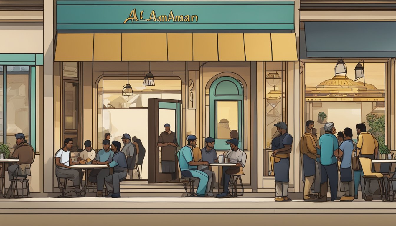 Customers line up at the entrance of Al Amaan restaurant, a sign with "Frequently Asked Questions" hangs above. Outdoor seating and a bustling atmosphere are visible through the windows