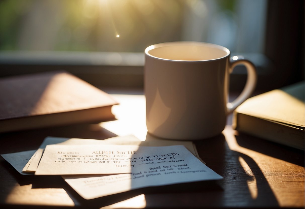 Affirmation cards scattered on a desk, with a mug and open journal nearby. Sunlight streaming through a window, casting a warm glow on the scene