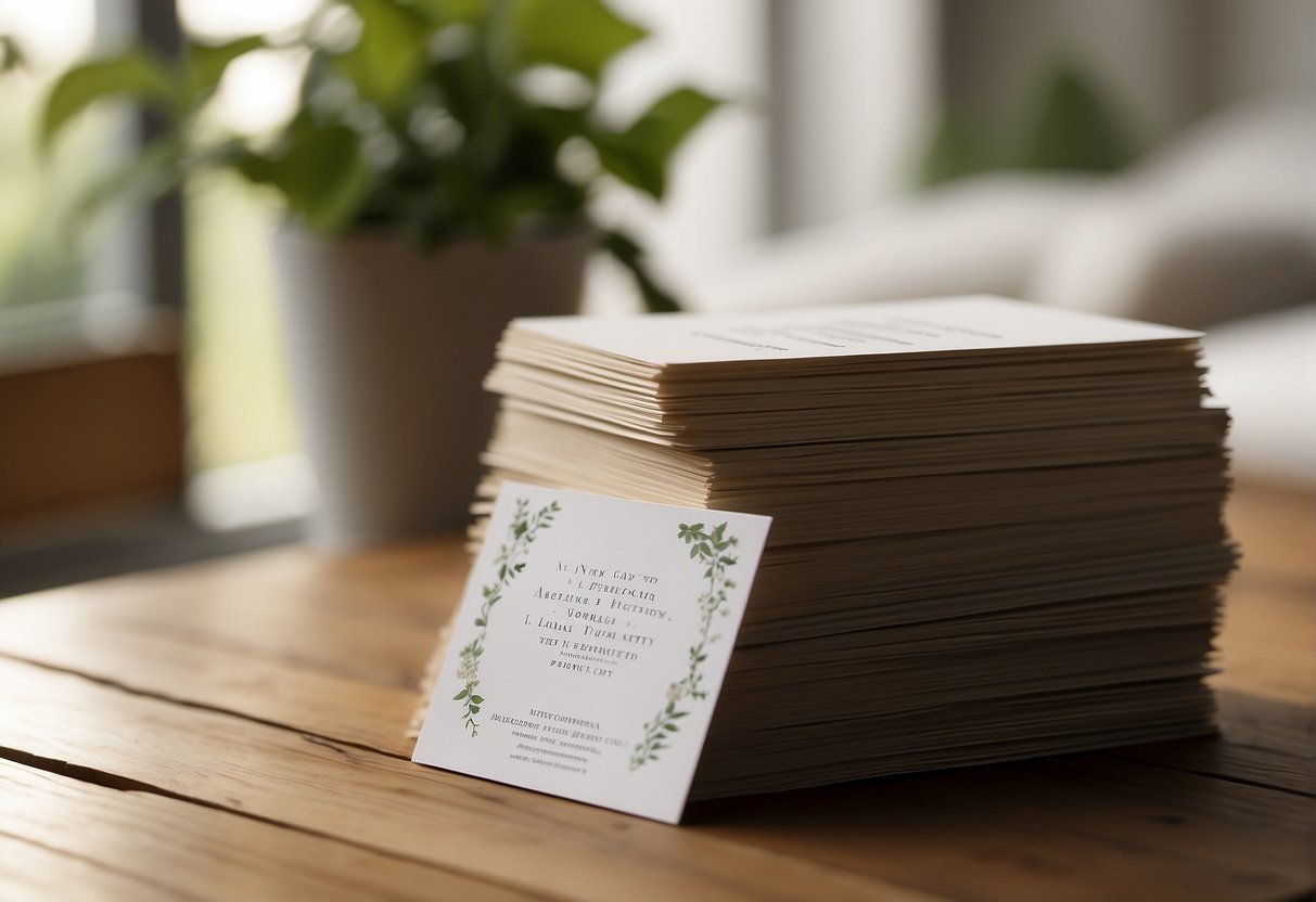 A stack of affirmation cards arranged in a spiral pattern on a wooden table, surrounded by plants and natural light streaming in from a nearby window