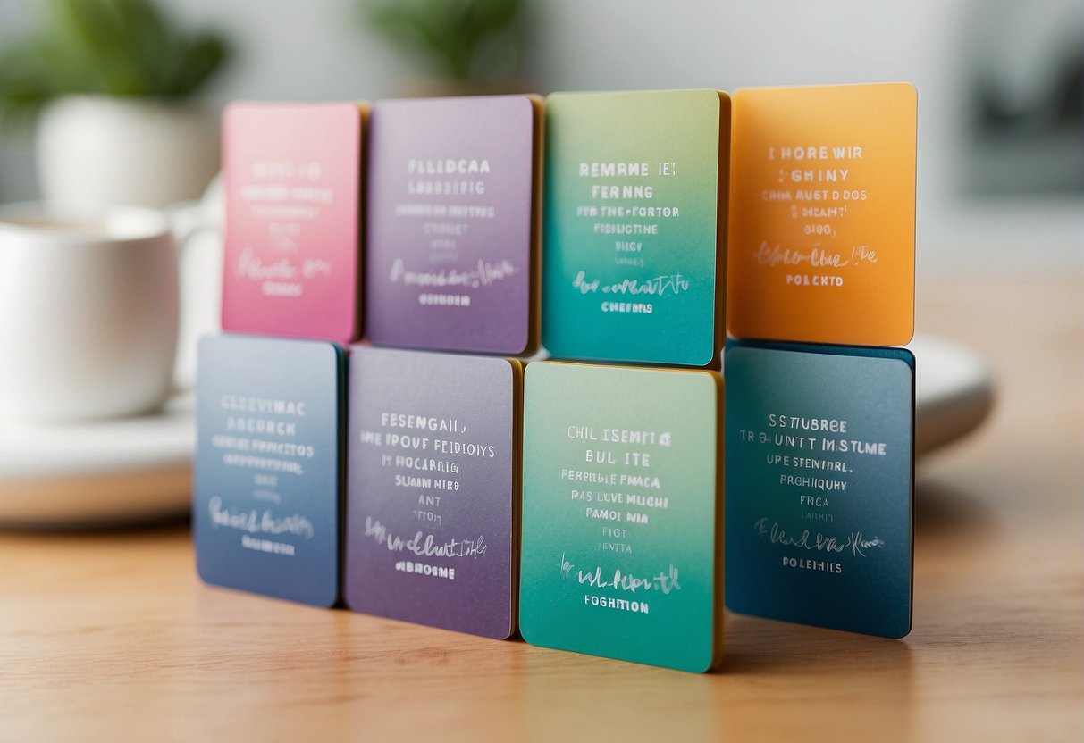 A stack of colorful affirmation cards arranged in a neat row, with uplifting and empowering words printed on each card. The background is a soft, calming color to create a sense of tranquility