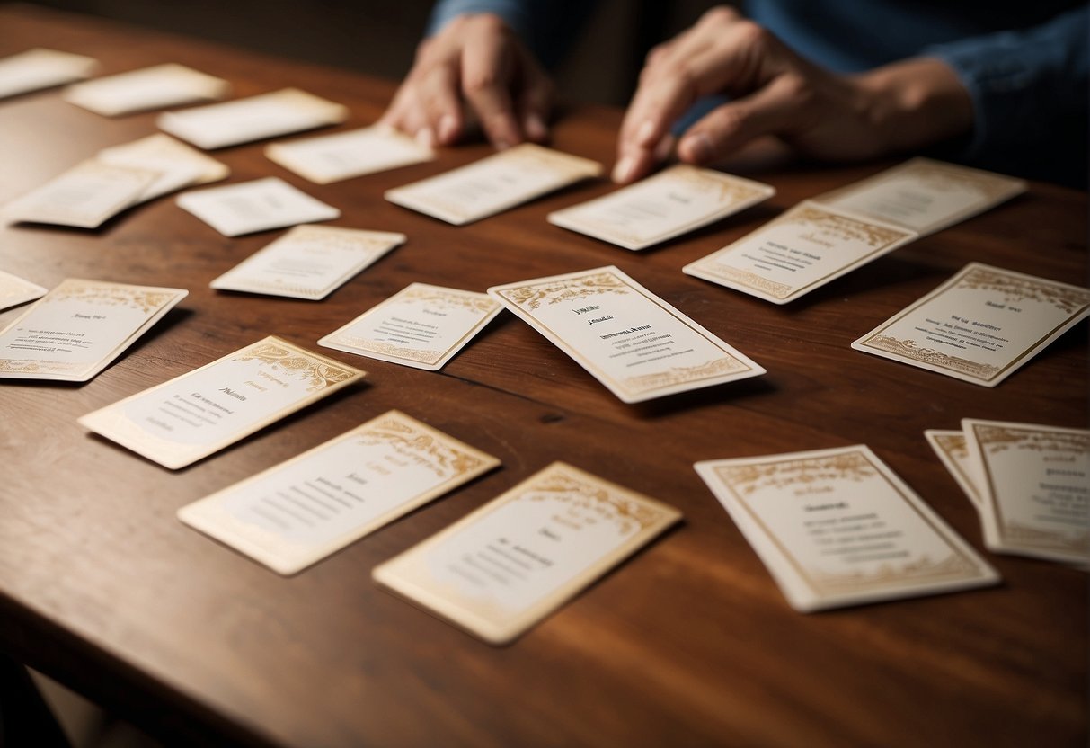 Affirmation cards spread out on a table, surrounded by hands reaching for them. A warm, inviting atmosphere with soft lighting