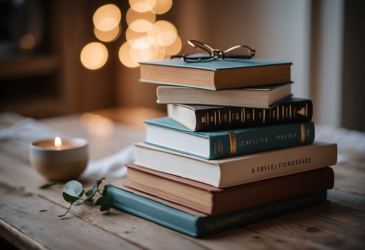 A stack of affirmation cards surrounded by supportive books and calming decor