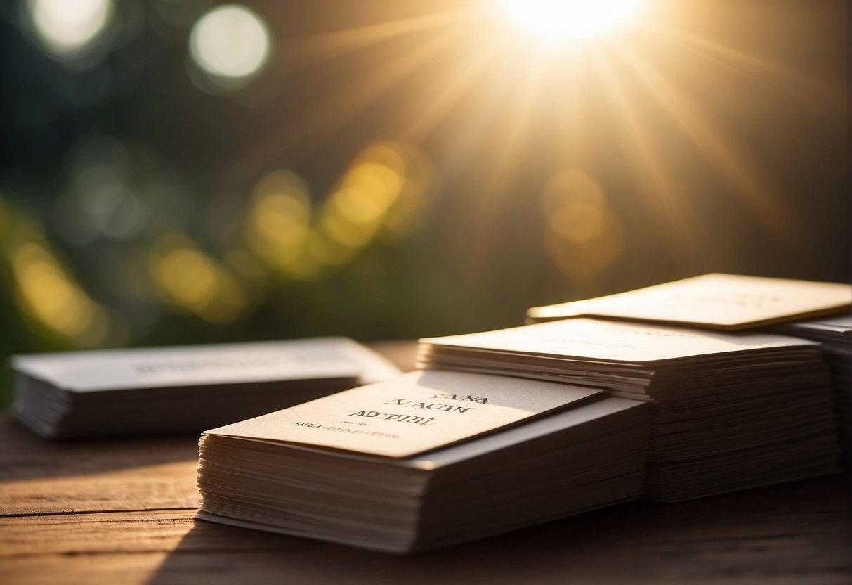 A stack of affirmation cards on a table, with a warm light shining down on them, surrounded by a peaceful and serene atmosphere