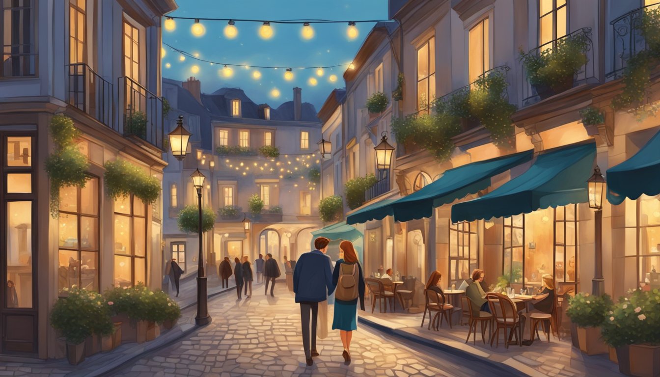 A couple walks down a charming street, passing by elegant French bistros with cozy outdoor seating and twinkling fairy lights