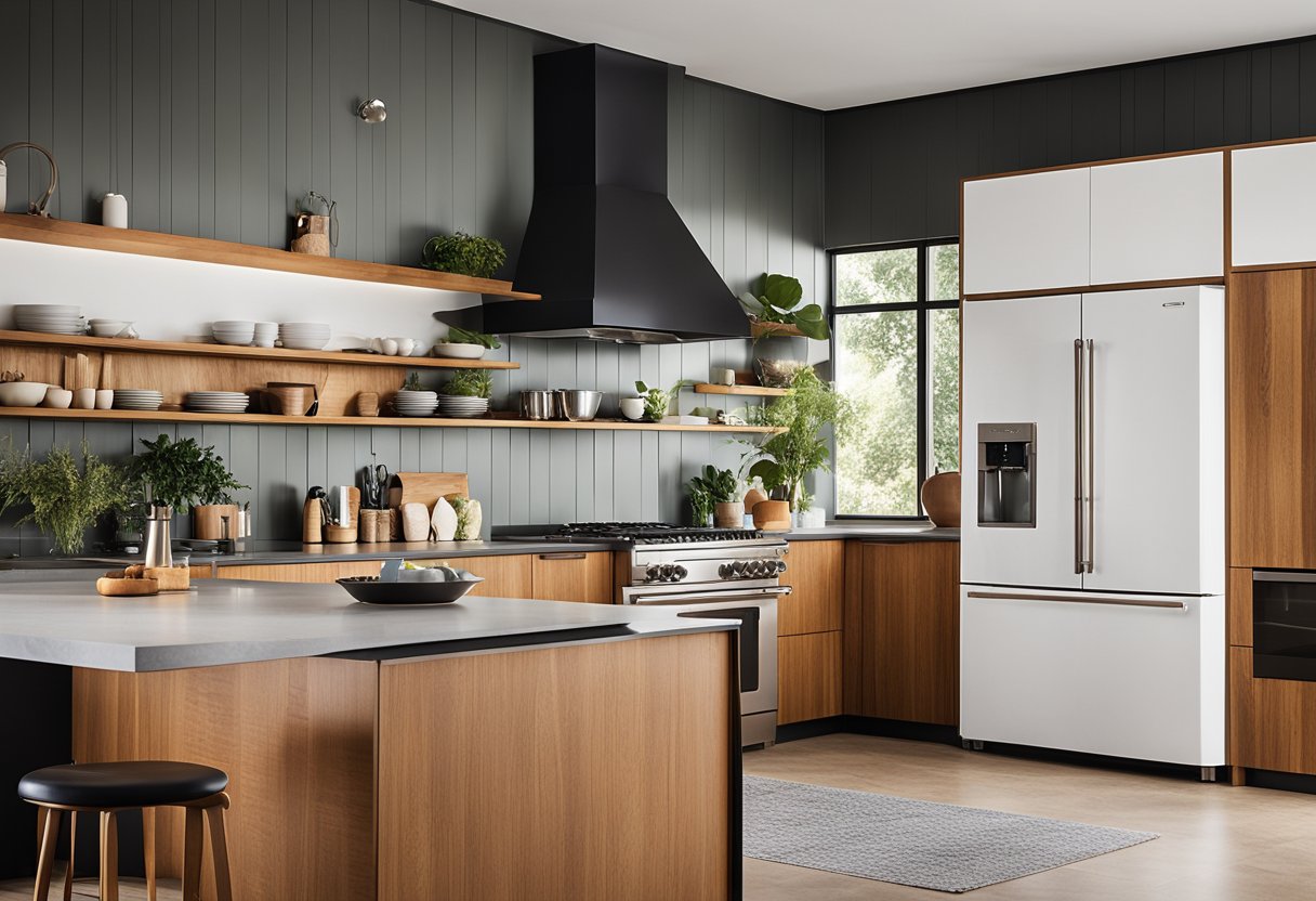 A sleek mid-century modern kitchen with clean lines, minimalist decor, and pops of bold color. The space features a mix of natural wood and metal materials, along with retro-inspired appliances