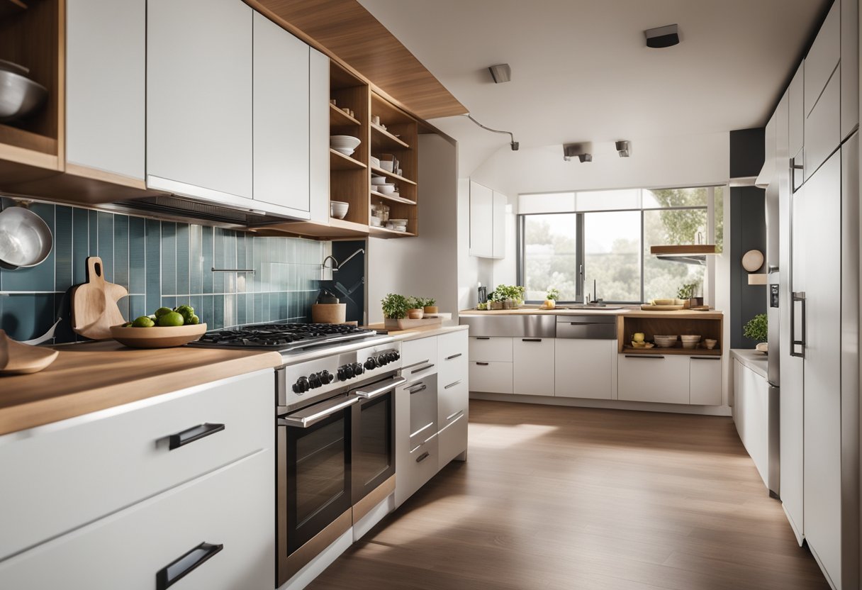 A mid century modern kitchen with clean lines, geometric shapes, and minimalistic color palette. Functional layout with sleek appliances and natural materials