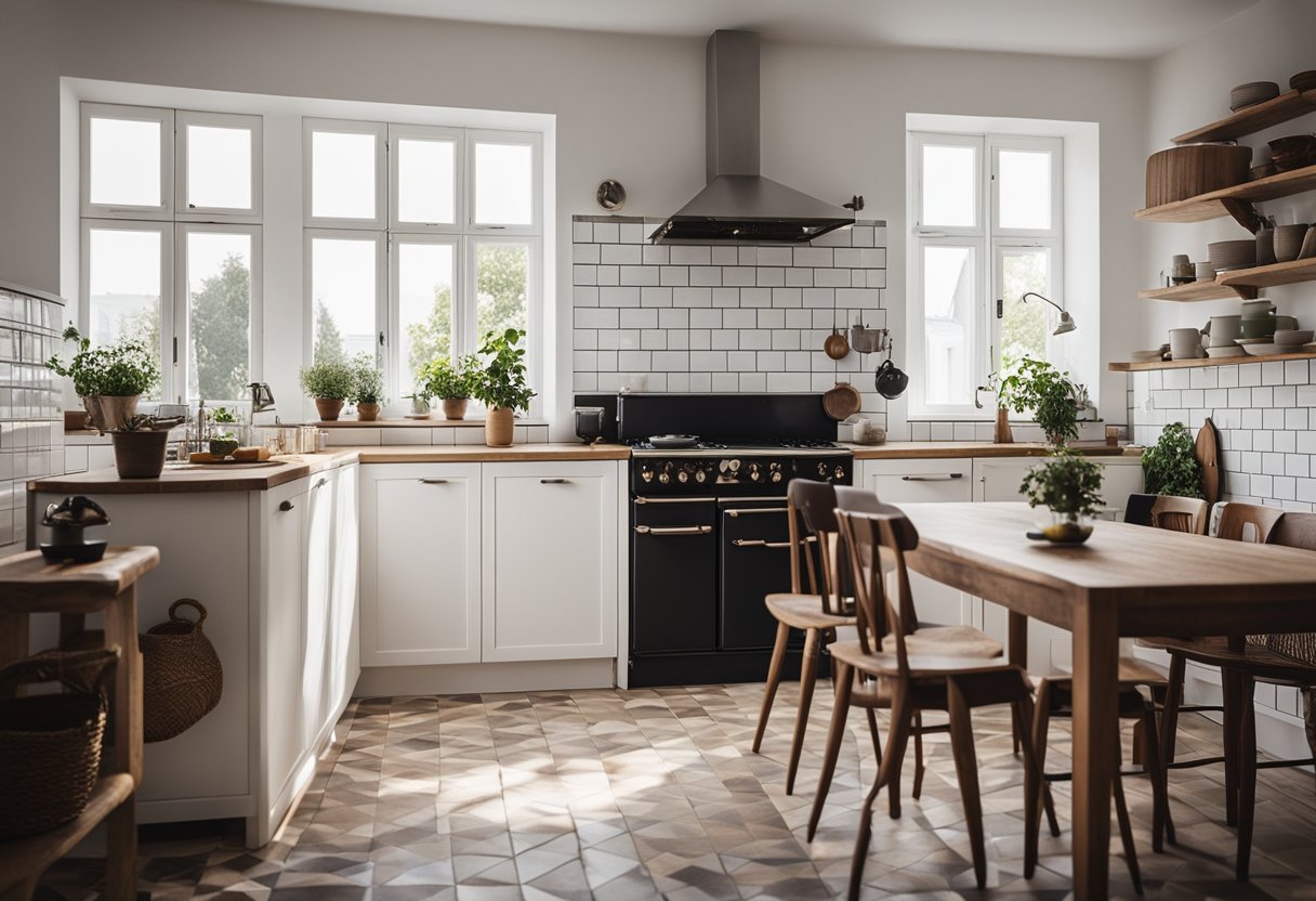 A cozy Scandinavian kitchen with wooden furniture, white walls, and a tiled floor. A large window lets in natural light, and a vintage stove sits in the corner