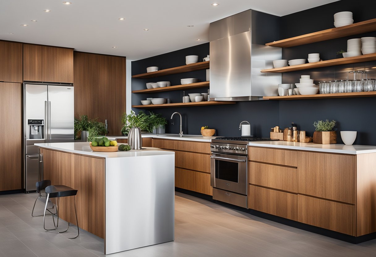 A sleek, minimalist mid-century modern kitchen with clean lines, flat-panel cabinets, and stainless steel appliances. The space is filled with natural light and features a mix of wood and metal finishes