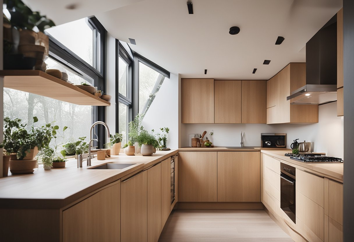 A cozy Scandinavian kitchen with light wood cabinets, clean lines, minimalistic decor, and natural light streaming in through large windows