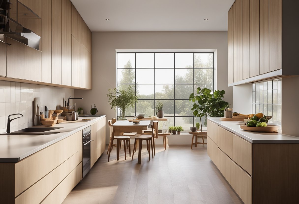 A spacious, bright kitchen with clean lines, light wood cabinets, and minimalistic decor. A large window lets in natural light, showcasing a simple dining area and a cozy cooking space