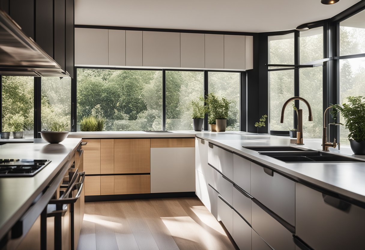 A sleek mid century modern kitchen with clean lines, minimalist cabinets, and retro appliances. A large window lets in natural light, illuminating the stylish, functional space