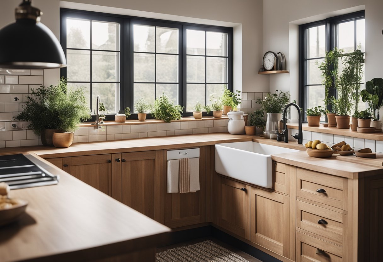 A cozy traditional Scandinavian kitchen with wooden cabinetry, a large farmhouse sink, and a tiled backsplash. The room is filled with natural light and adorned with simple, functional decor